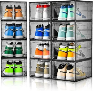 12 Pack Shoe Boxes Stackable,Upgraded Sturdy Shoe Storage Boxes with Clear Magnetic Door,Multifunctional Sneaker Storage, Shoe Box Organizer Fit up to US Size 12 Gray(13.8”x 9.84”x 7.1”)