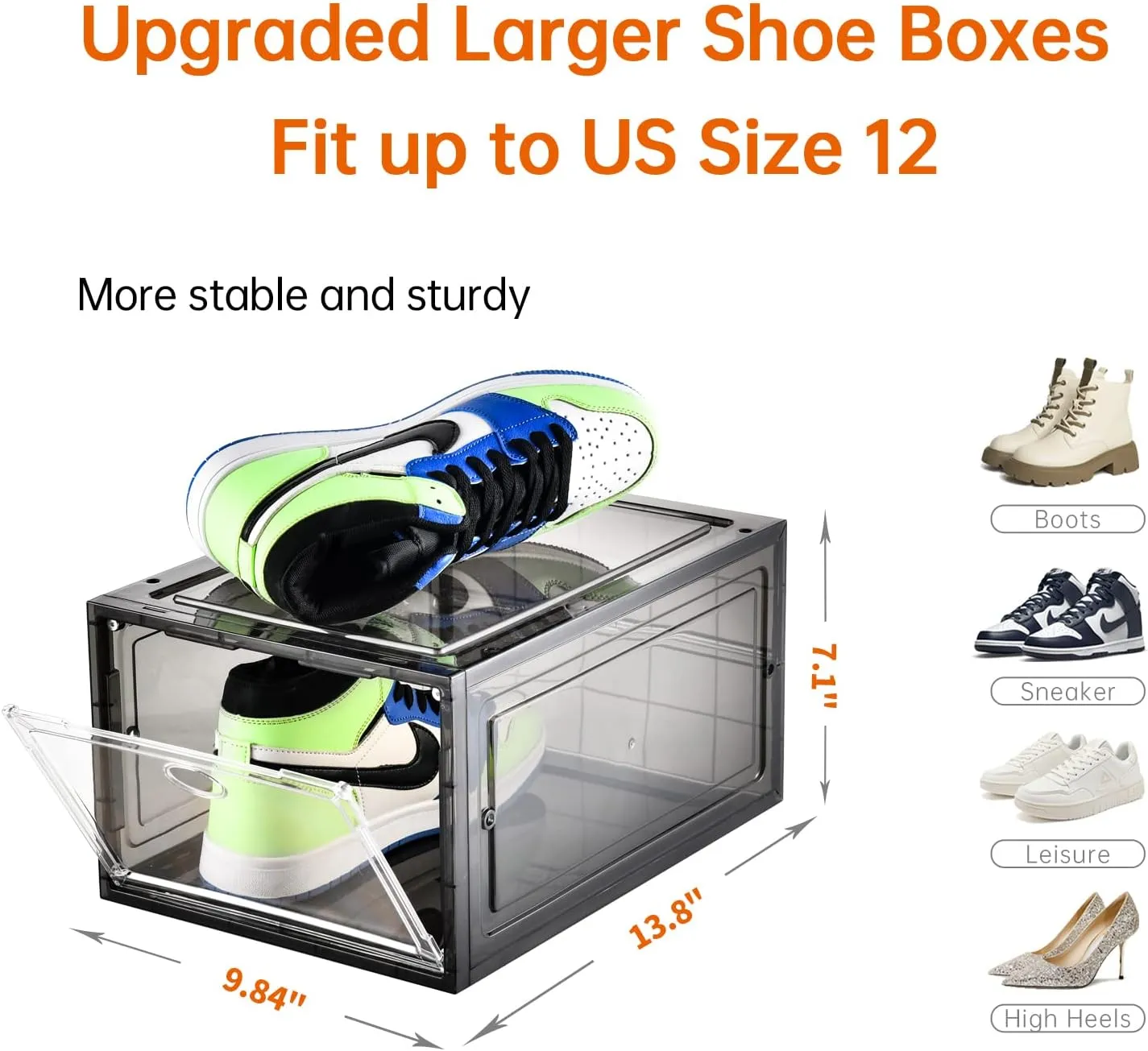 12 Pack Shoe Boxes Stackable,Upgraded Sturdy Shoe Storage Boxes with Clear Magnetic Door,Multifunctional Sneaker Storage, Shoe Box Organizer Fit up to US Size 12 Gray(13.8”x 9.84”x 7.1”)