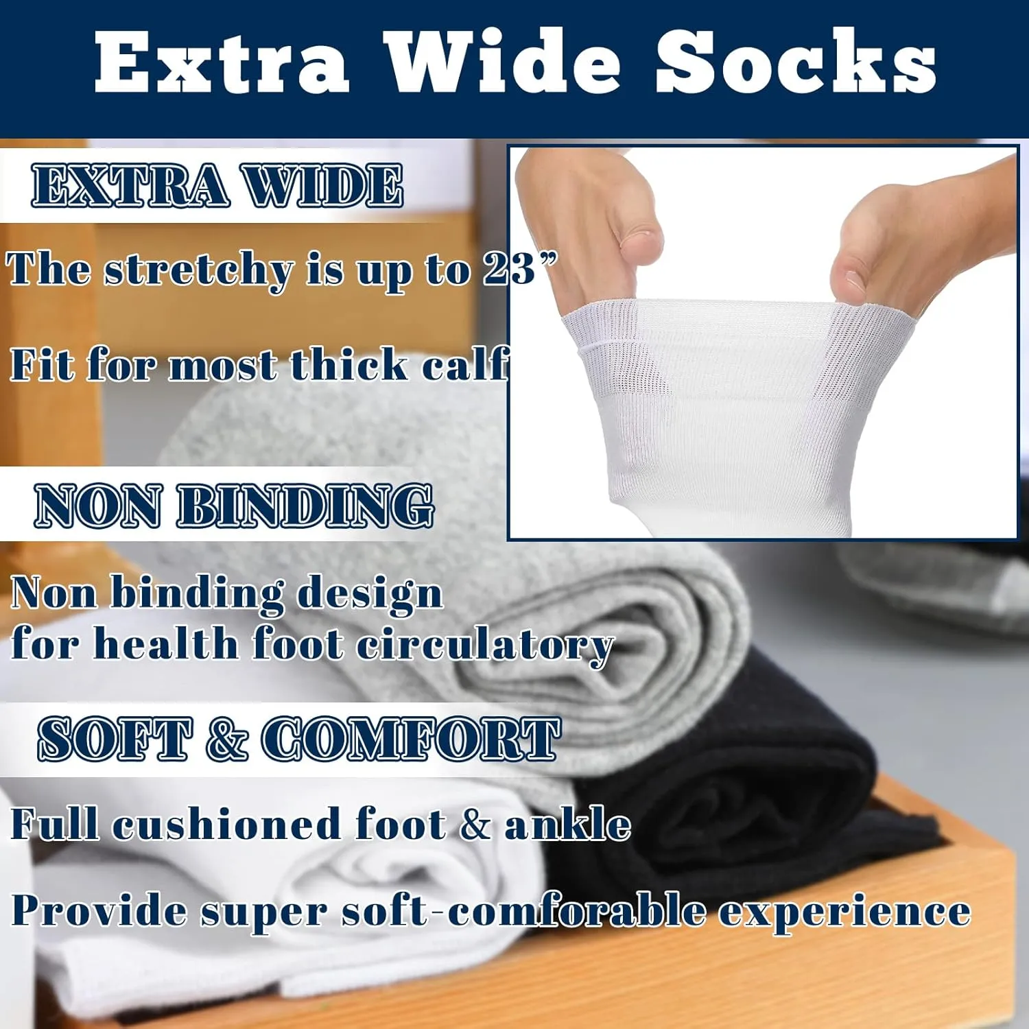 6 Pairs Non Binding Loose Fit Ankle Socks - Seamless Wide Thin Crew Socks with No Elastic Top for Men & Women, Plus