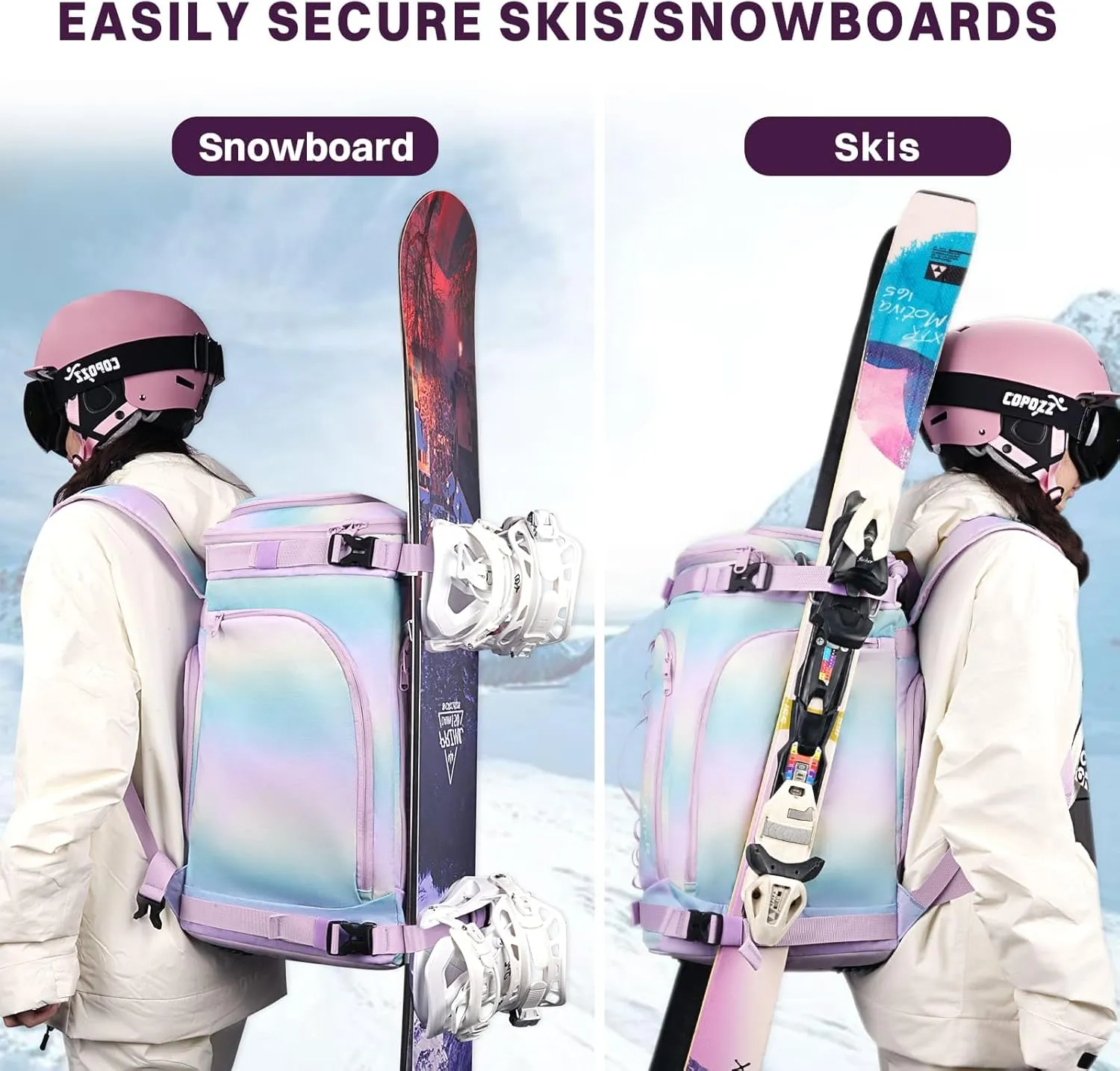 60L Ski Boot Bag Backpack with Helmet Compartment, Waterproof Ski Backpack for Gloves, Goggles, Skis Gear