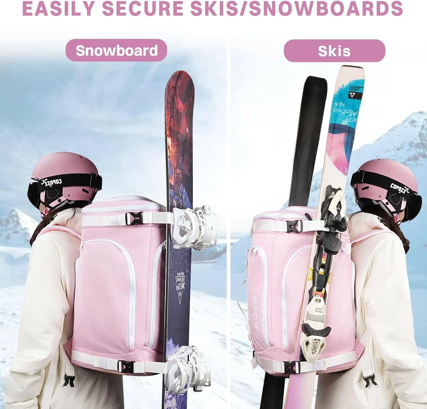 60L Ski Boot Bag Backpack with Helmet Compartment, Waterproof Ski Backpack for Gloves, Goggles, Skis Gear
