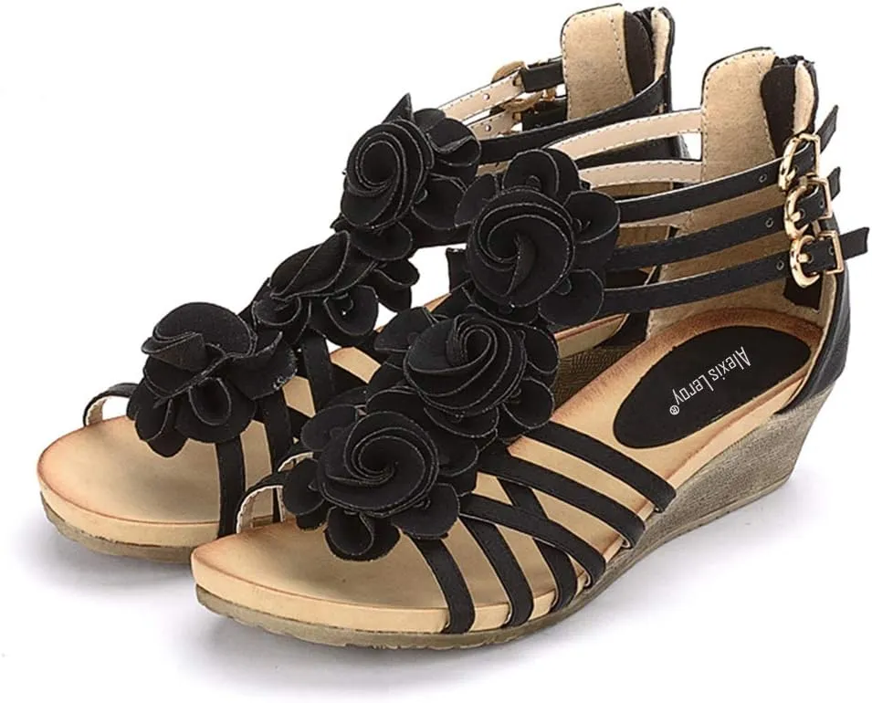 Alexis Leroy Women's Summer T-Straps Buckle Design Fashion Wedge Heel Sandals