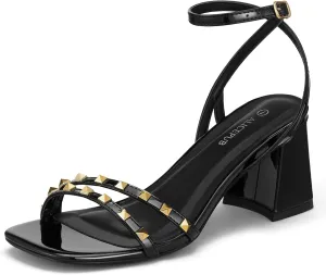 ALICEPUB Women's Chunky Block Heels Strappy Heels Square Open Toe Heeled Sandals Short Heels Comfortable Dressy Shoes Wedding Bridal Party