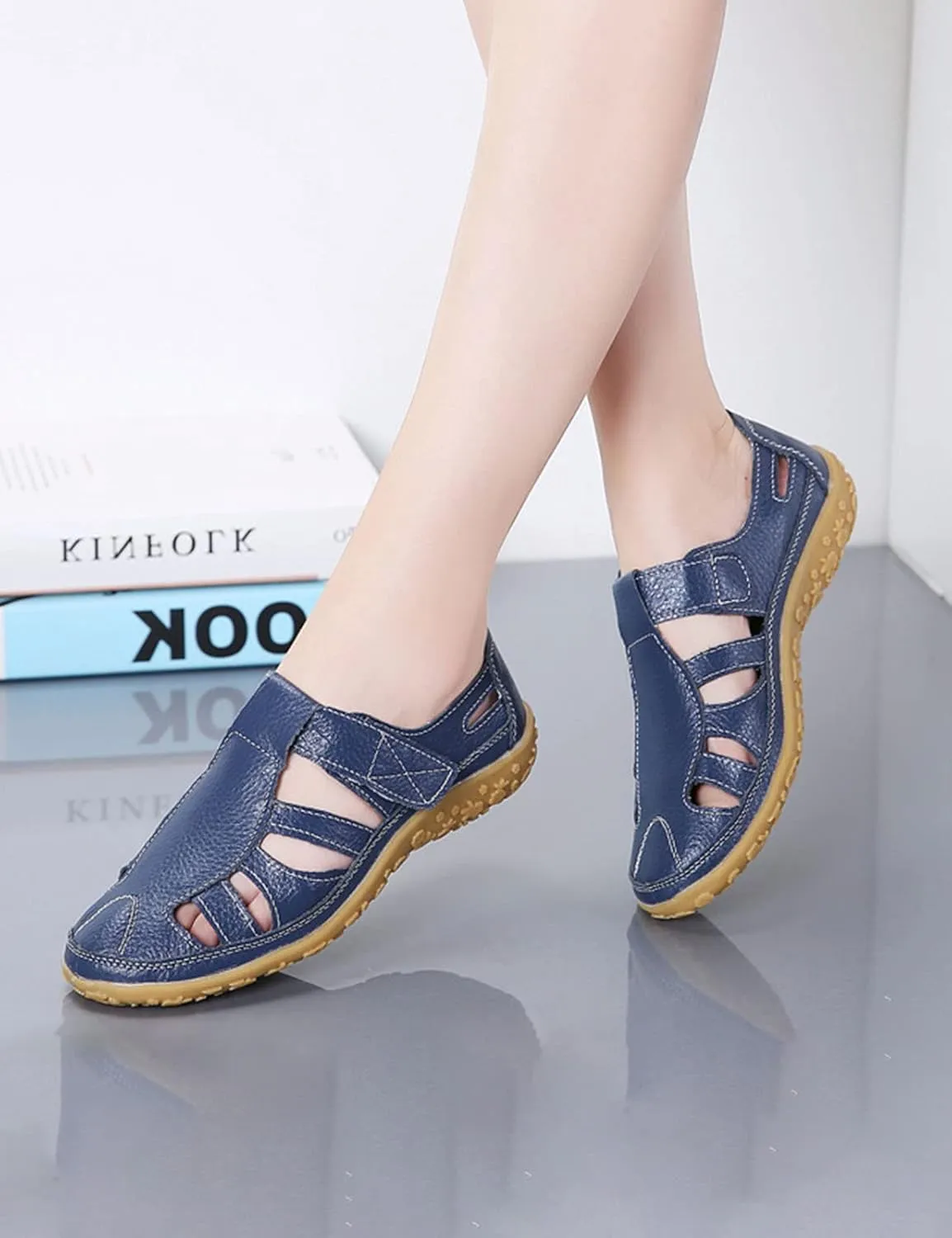 AngryMonkey Women's Casual Boho Gladiator Sandals,Summer Leather Comfort Softsole Closed Toe Ankle Strap Beach Shoes