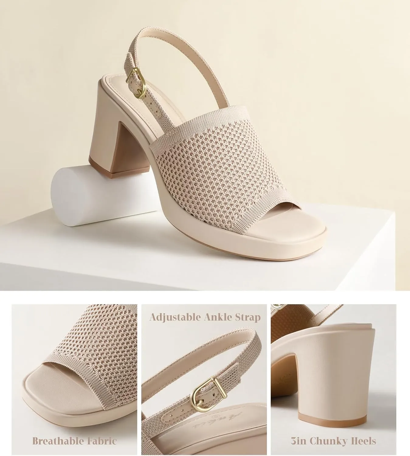 Ankis Black White Nude Heels Platform Heeled Sandals Knit Chunky Block Elastic Slingback Open Toe Ankle Strappy Heels