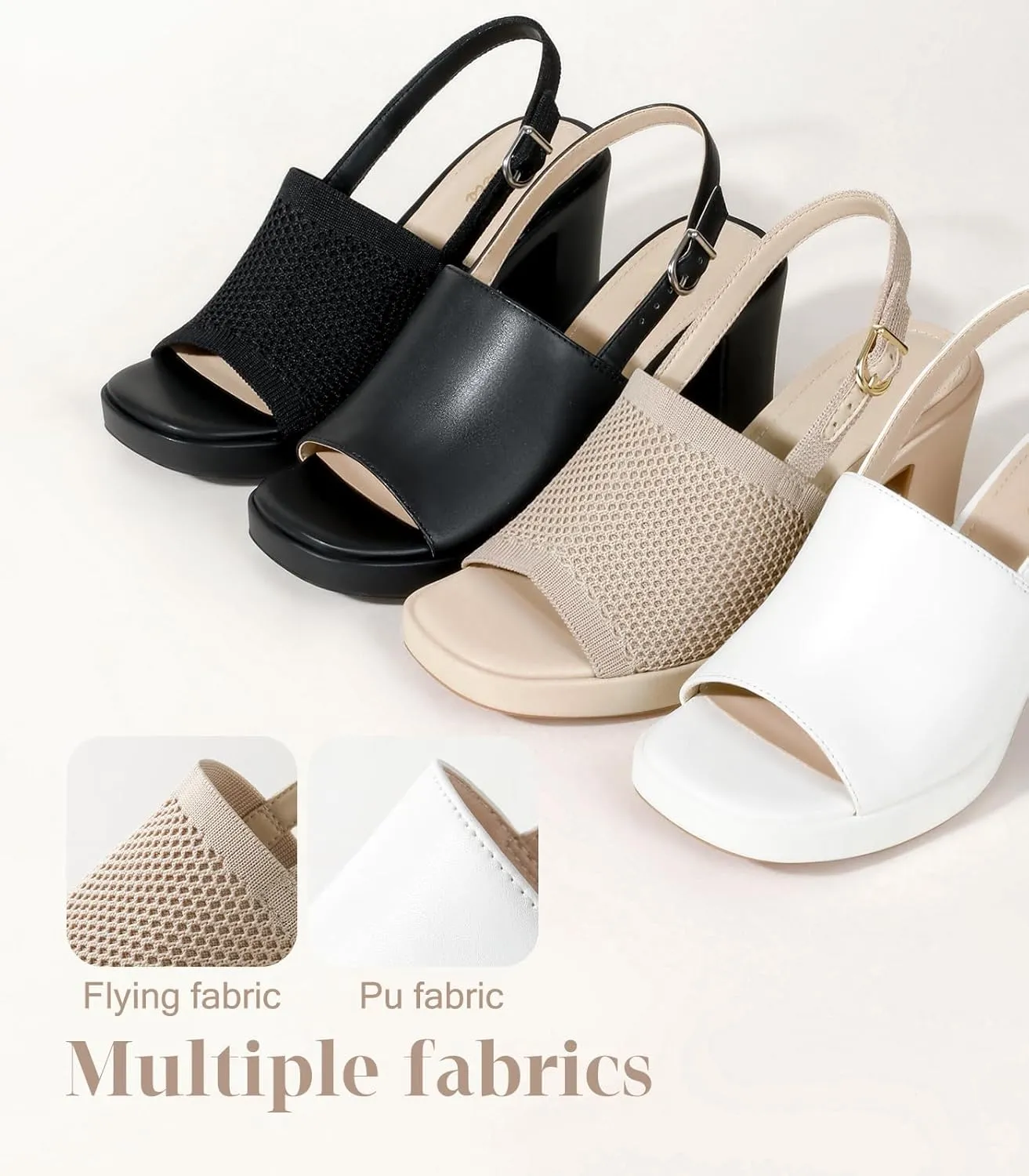 Ankis Black White Nude Heels Platform Heeled Sandals Knit Chunky Block Elastic Slingback Open Toe Ankle Strappy Heels