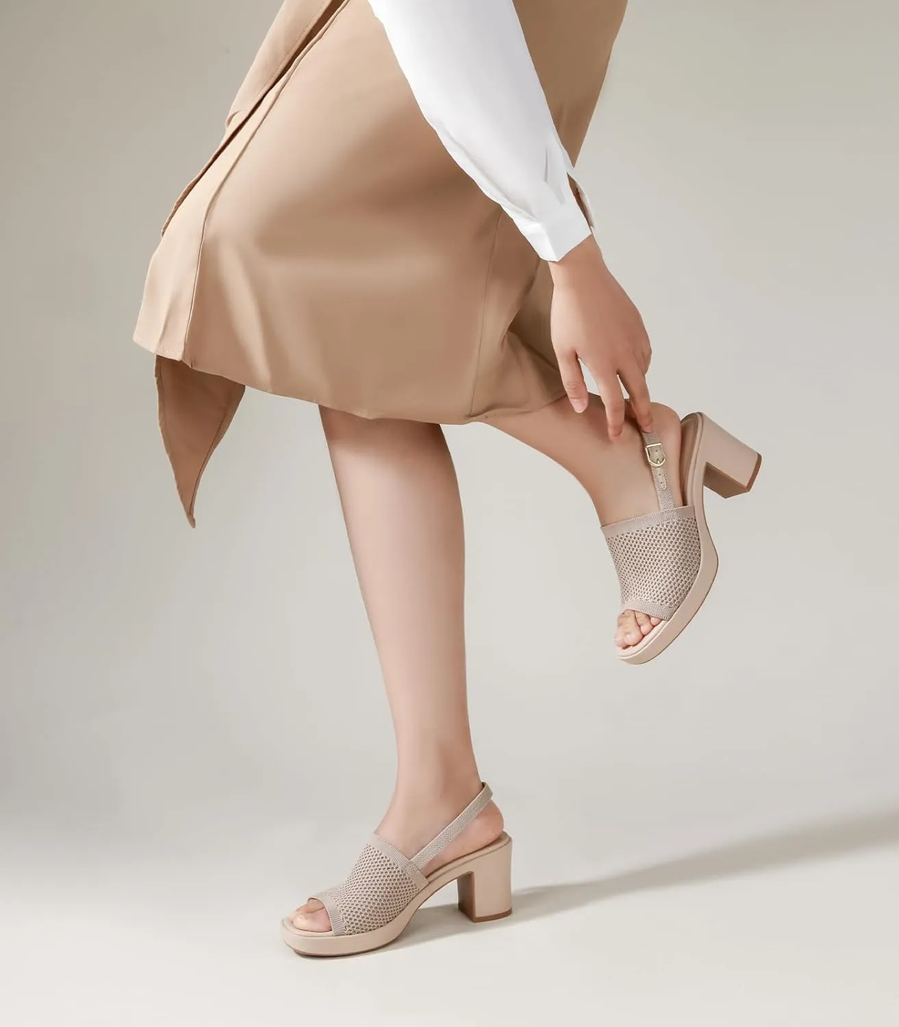 Ankis Black White Nude Heels Platform Heeled Sandals Knit Chunky Block Elastic Slingback Open Toe Ankle Strappy Heels