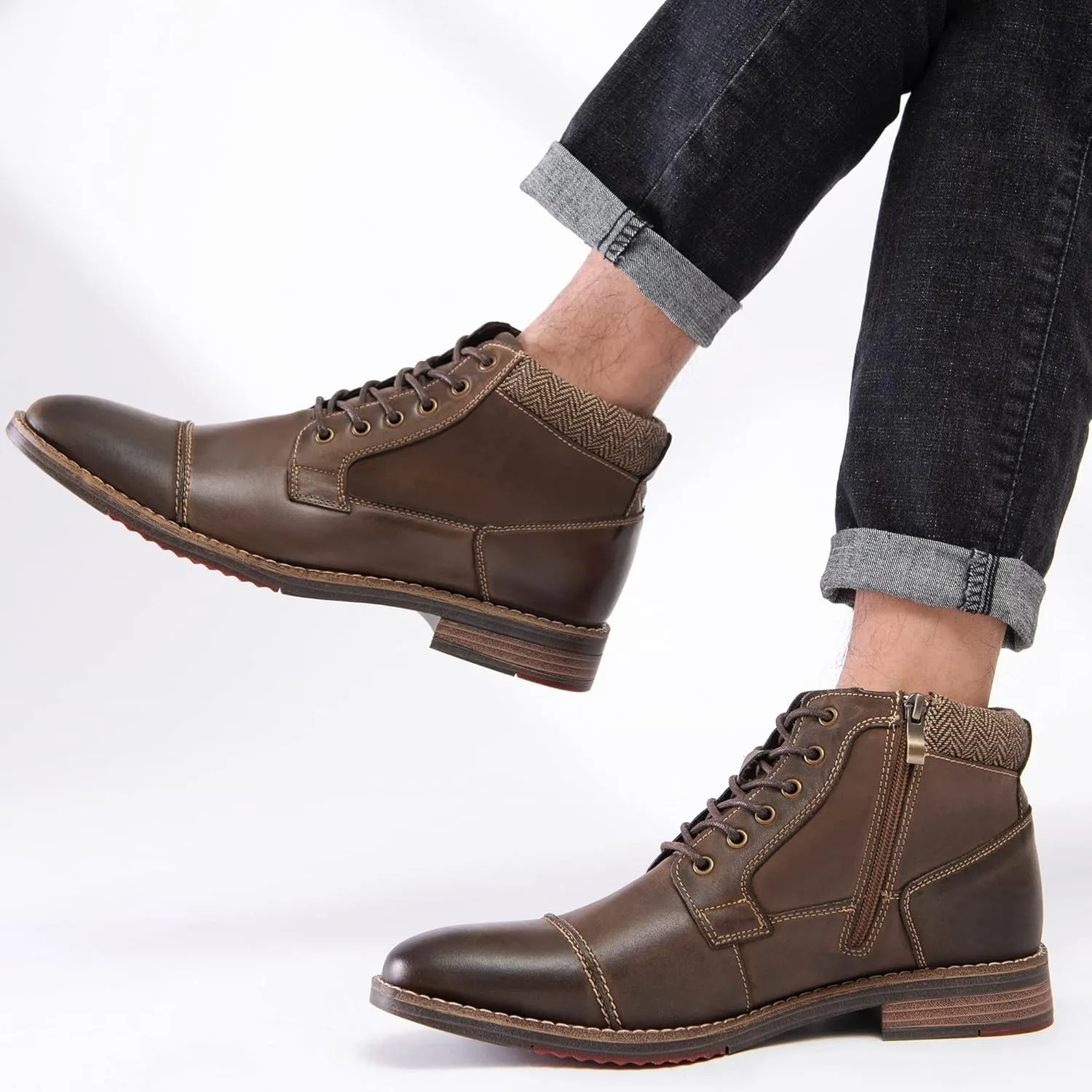 Arkbird Mens Oxford Leather Dress Boots Classic Cap Toe Side Zip Mid Top Casual Ankle Boots for Men