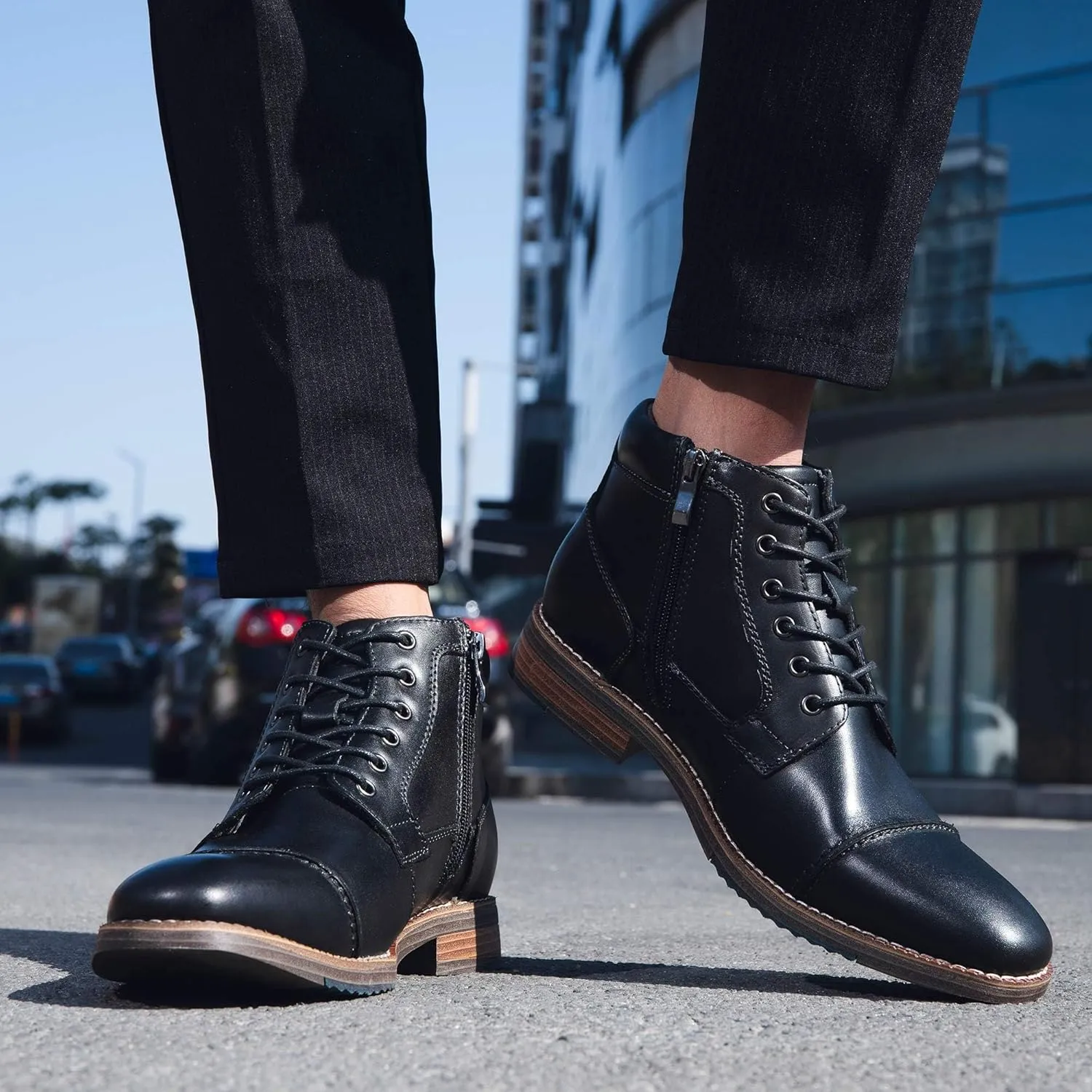 Arkbird Mens Oxford Leather Dress Boots Classic Cap Toe Side Zip Mid Top Casual Ankle Boots for Men