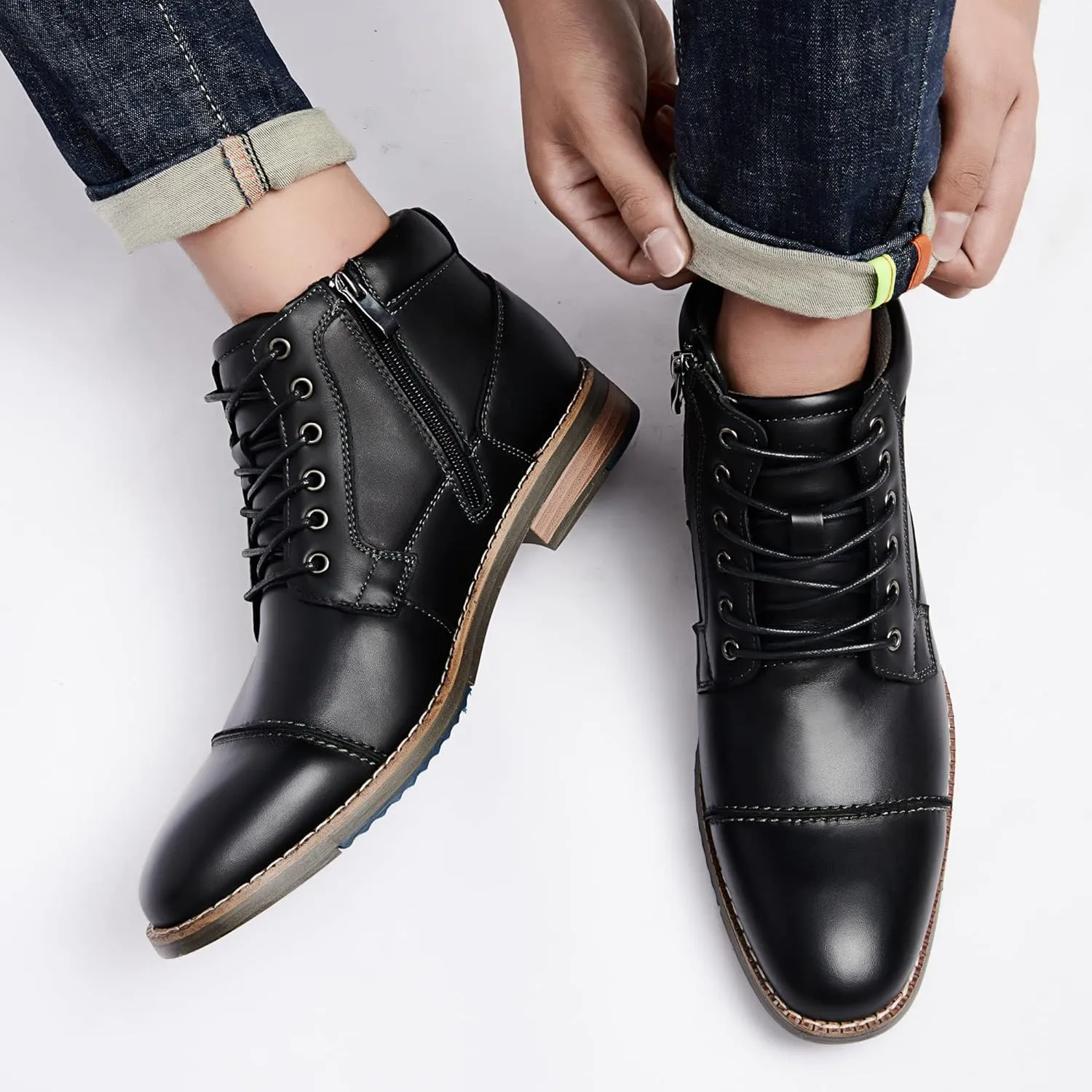Arkbird Mens Oxford Leather Dress Boots Classic Cap Toe Side Zip Mid Top Casual Ankle Boots for Men