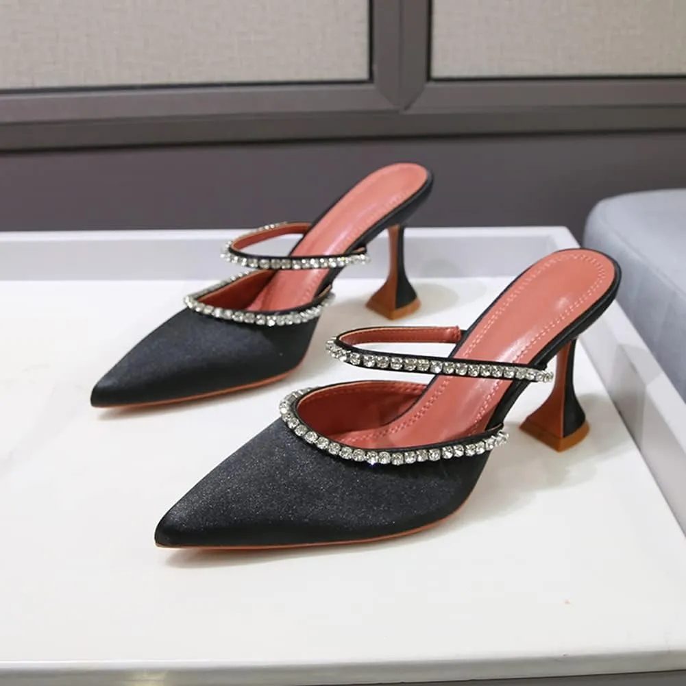 Arqa Heeled Mules for Women Rhinestone Strappy Sandals Slingback Pointed Toe Stiletto Wedding Pumps