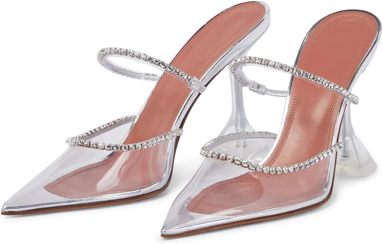 Arqa Heeled Mules for Women Rhinestone Strappy Sandals Slingback Pointed Toe Stiletto Wedding Pumps