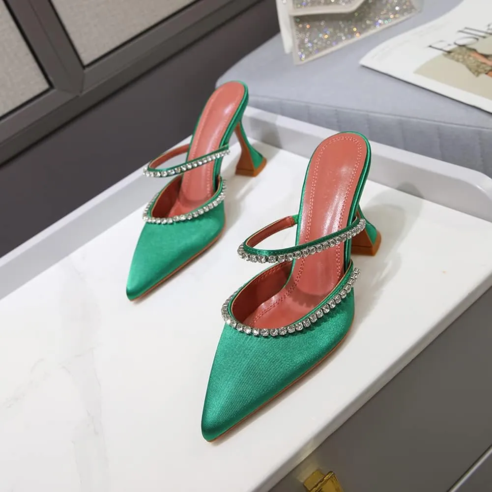 Arqa Heeled Mules for Women Rhinestone Strappy Sandals Slingback Pointed Toe Stiletto Wedding Pumps