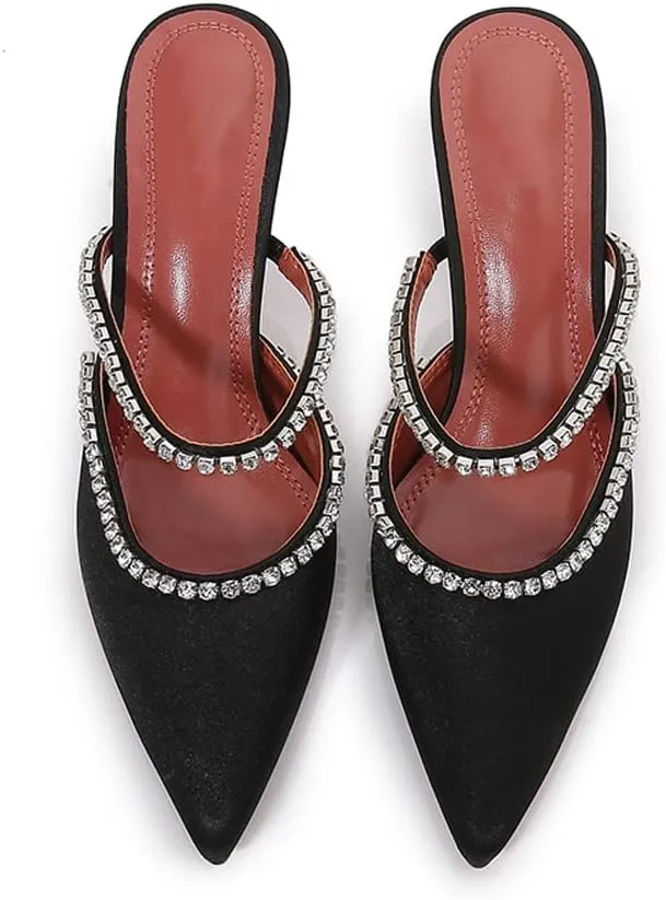 Arqa Heeled Mules for Women Rhinestone Strappy Sandals Slingback Pointed Toe Stiletto Wedding Pumps