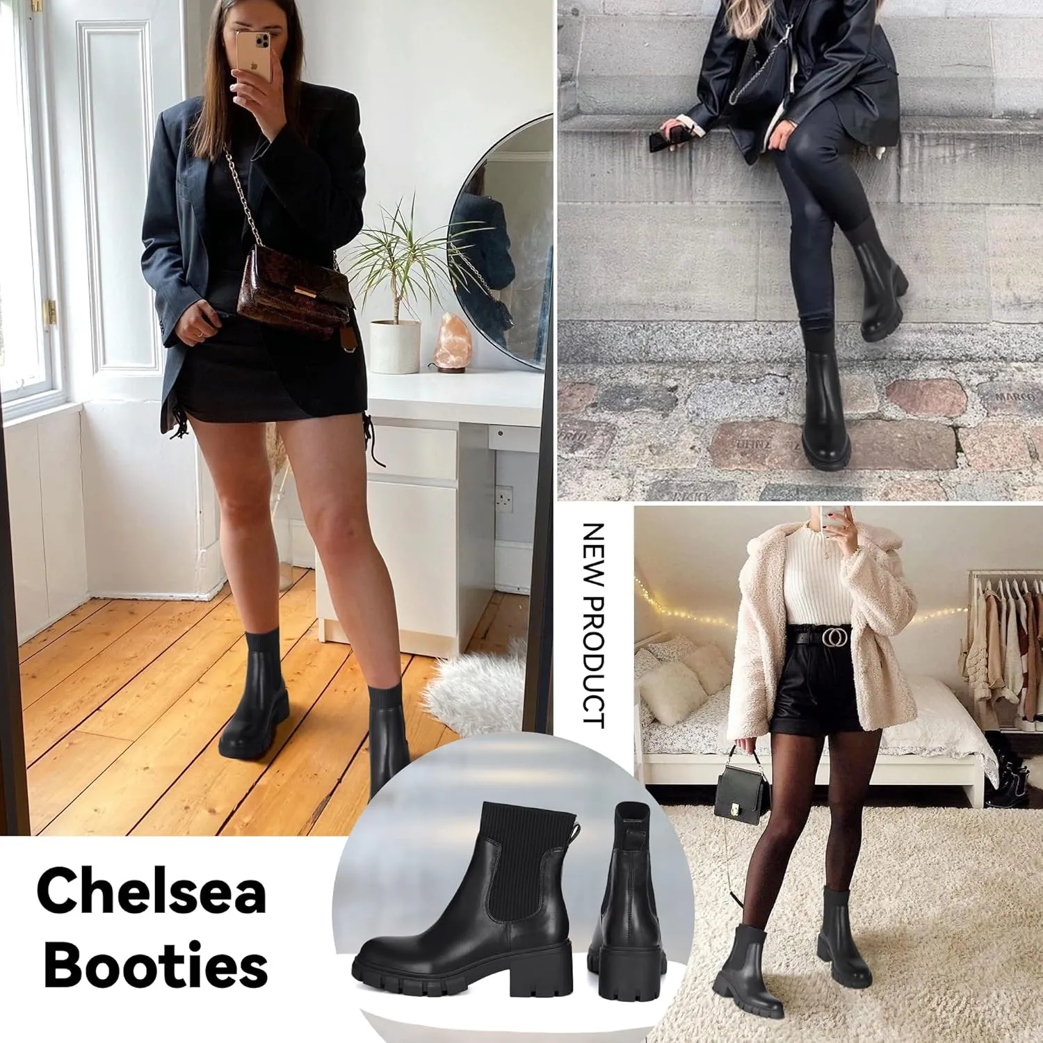 Athlefit Women's Chelsea Boots Fashion Slip on Platform Ankle Boots Lug Sole Chunky Booties