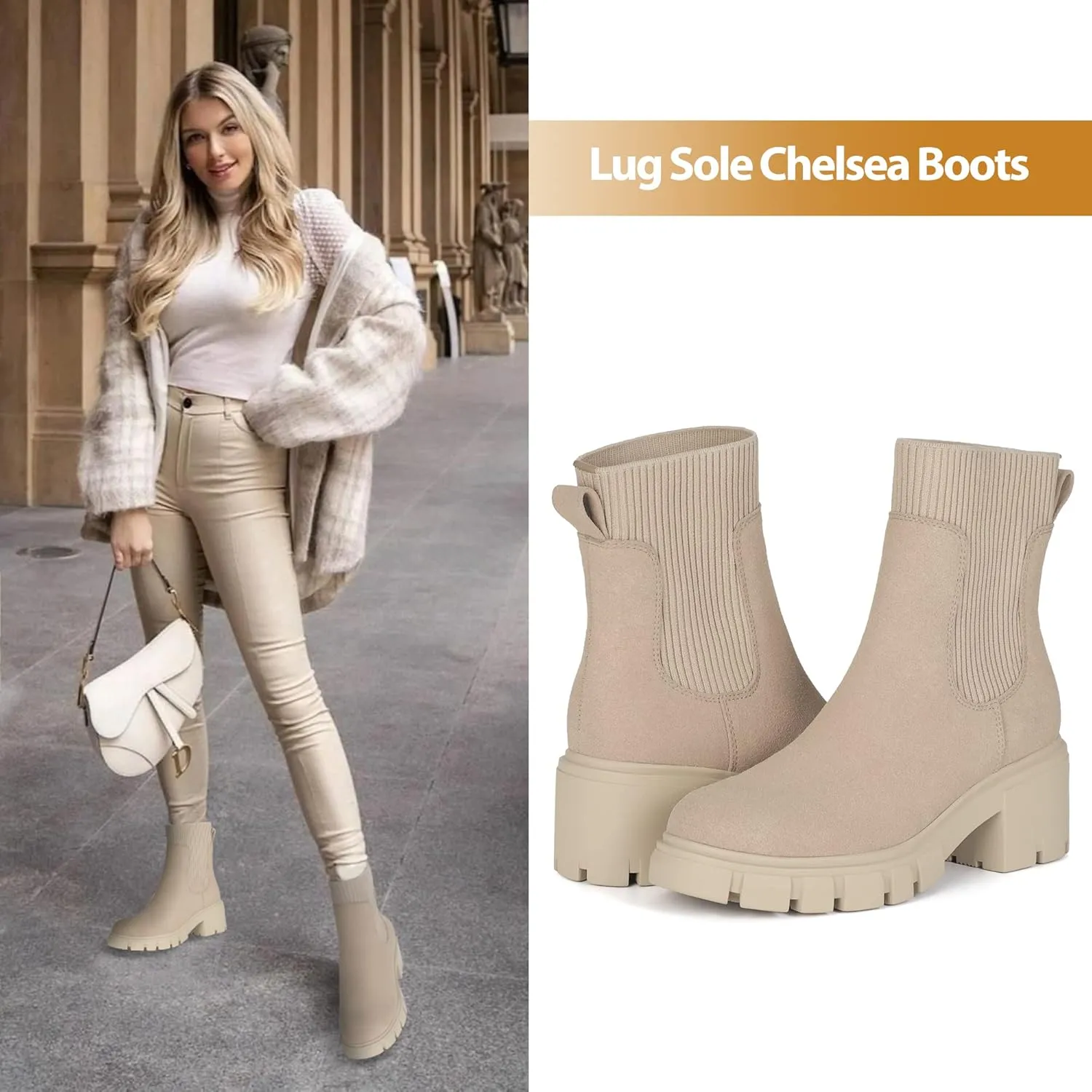 Athlefit Women's Chelsea Boots Fashion Slip on Platform Ankle Boots Lug Sole Chunky Booties