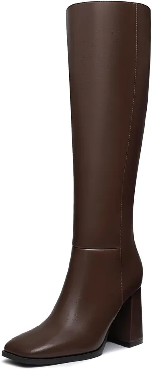 Athlefit Women's Knee High Boots Fashion Chunky Heel Square Toe Tall Boots Side Zipper Long Boots