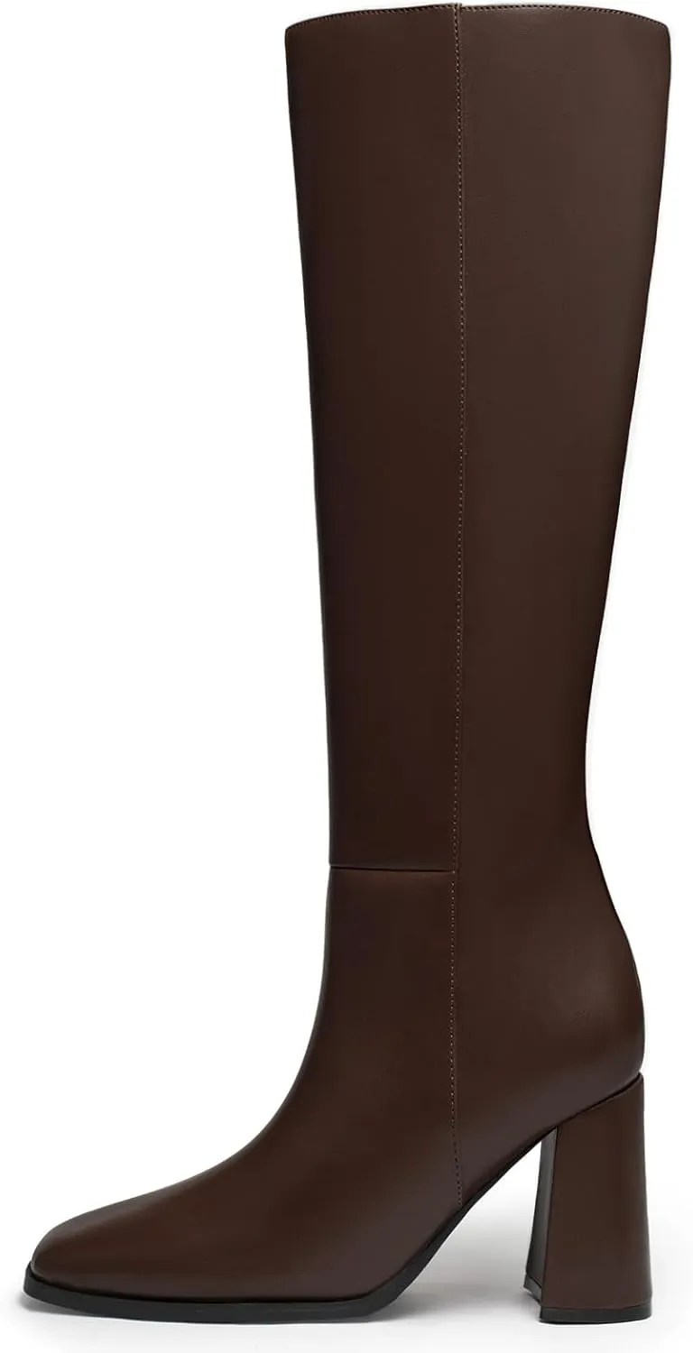 Athlefit Women's Knee High Boots Fashion Chunky Heel Square Toe Tall Boots Side Zipper Long Boots