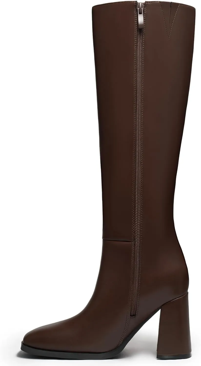 Athlefit Women's Knee High Boots Fashion Chunky Heel Square Toe Tall Boots Side Zipper Long Boots