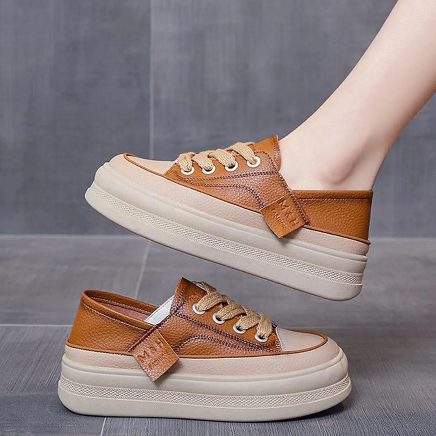 AUNTHUI Women's Lace-Up Flat Shoes Platform Sneakers,Comfortable Casual Walking Anti-Slip Fashion Low Top Tennis Sneakers