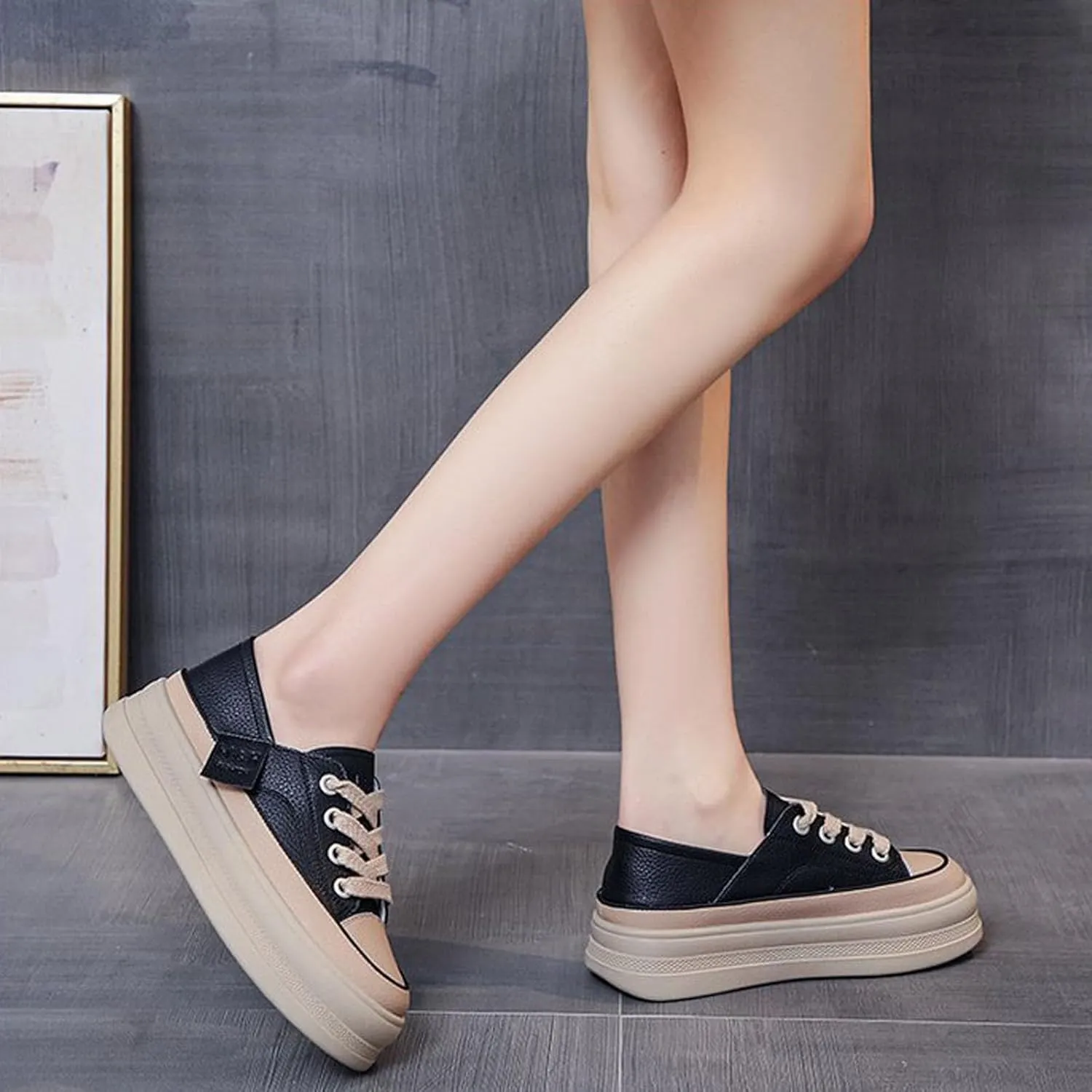 AUNTHUI Women's Lace-Up Flat Shoes Platform Sneakers,Comfortable Casual Walking Anti-Slip Fashion Low Top Tennis Sneakers