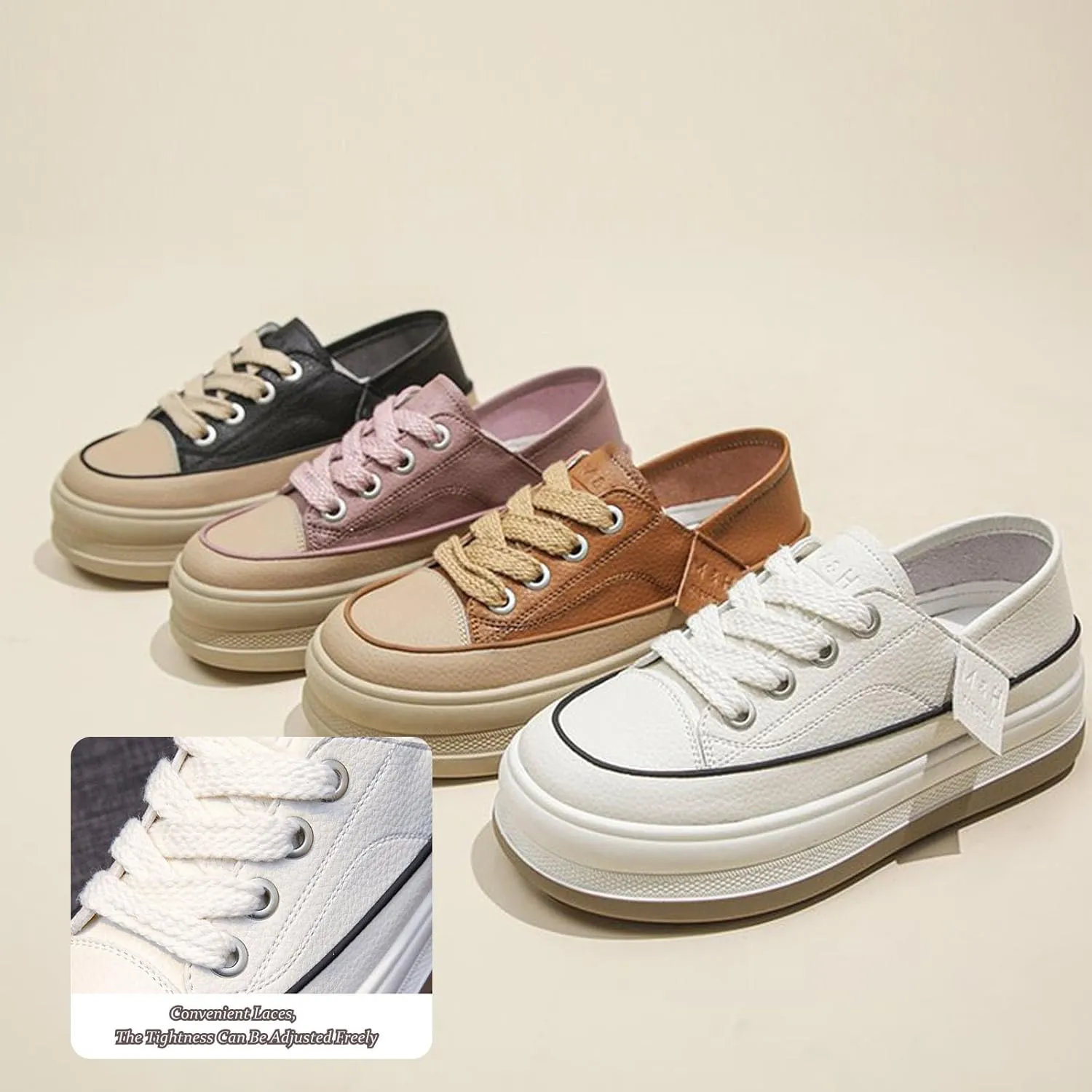 AUNTHUI Women's Lace-Up Flat Shoes Platform Sneakers,Comfortable Casual Walking Anti-Slip Fashion Low Top Tennis Sneakers