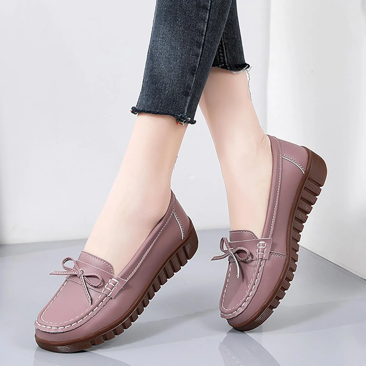 AUNTHUI Women's Leather Low Wedge Loafers,Slip On Dress Shoes,Hollow Out Breathable Soft Comfortable Walking Casual Driving Penny Shoes