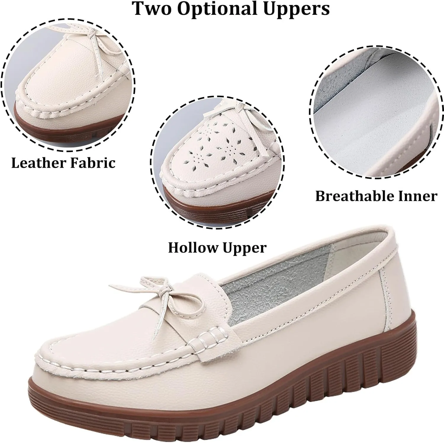 AUNTHUI Women's Leather Low Wedge Loafers,Slip On Dress Shoes,Hollow Out Breathable Soft Comfortable Walking Casual Driving Penny Shoes
