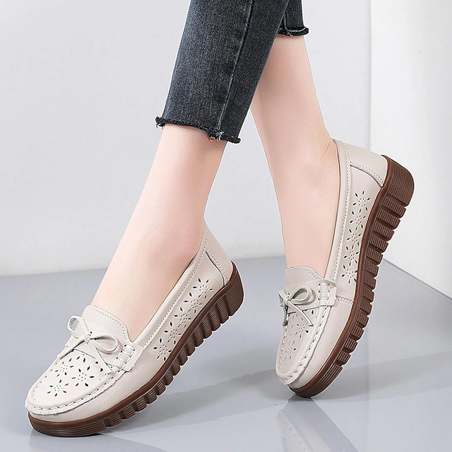 AUNTHUI Women's Leather Low Wedge Loafers,Slip On Dress Shoes,Hollow Out Breathable Soft Comfortable Walking Casual Driving Penny Shoes