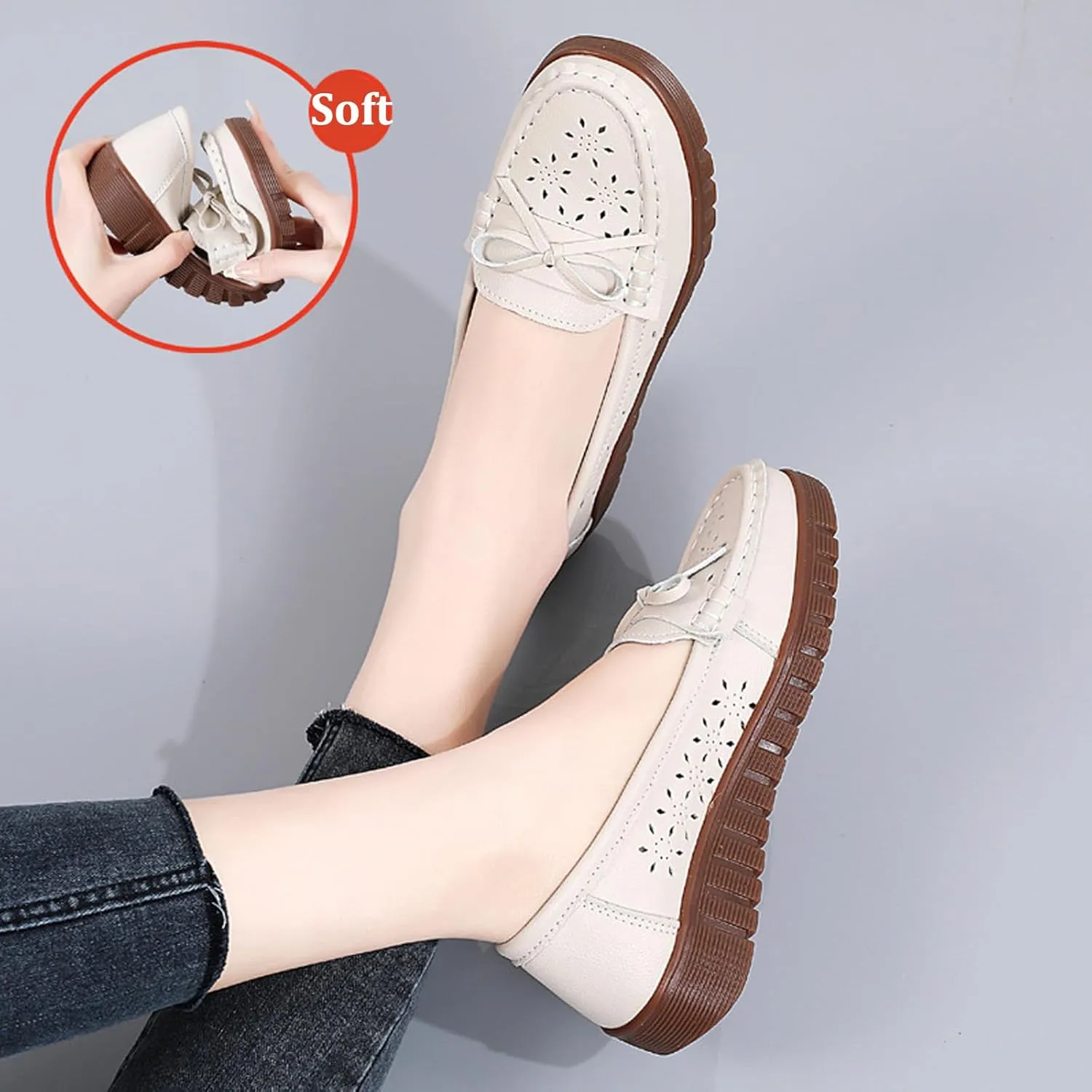 AUNTHUI Women's Leather Low Wedge Loafers,Slip On Dress Shoes,Hollow Out Breathable Soft Comfortable Walking Casual Driving Penny Shoes