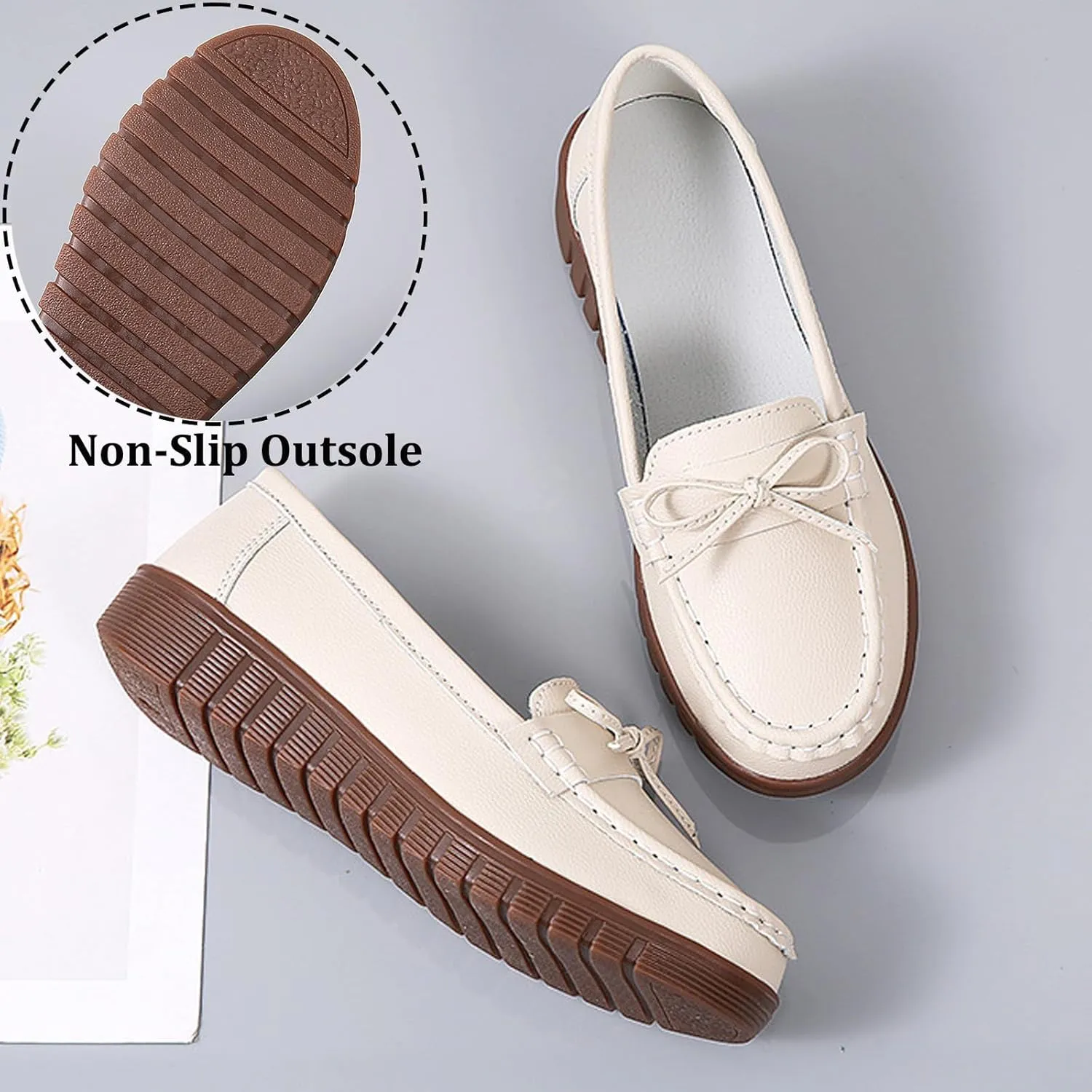 AUNTHUI Women's Leather Low Wedge Loafers,Slip On Dress Shoes,Hollow Out Breathable Soft Comfortable Walking Casual Driving Penny Shoes