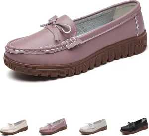 AUNTHUI Women's Leather Low Wedge Loafers,Slip On Dress Shoes,Hollow Out Breathable Soft Comfortable Walking Casual Driving Penny Shoes
