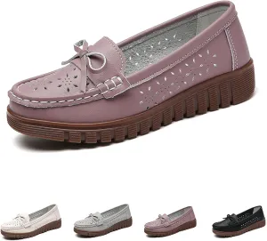 AUNTHUI Women's Leather Low Wedge Loafers,Slip On Dress Shoes,Hollow Out Breathable Soft Comfortable Walking Casual Driving Penny Shoes