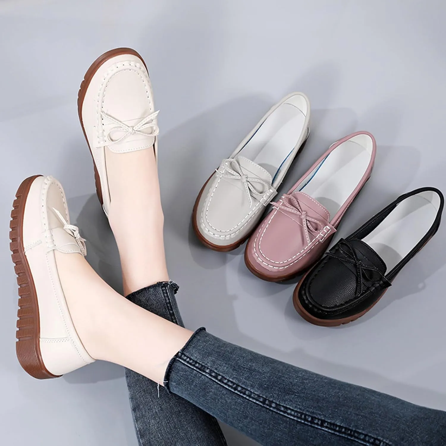 AUNTHUI Women's Leather Low Wedge Loafers,Slip On Dress Shoes,Hollow Out Breathable Soft Comfortable Walking Casual Driving Penny Shoes