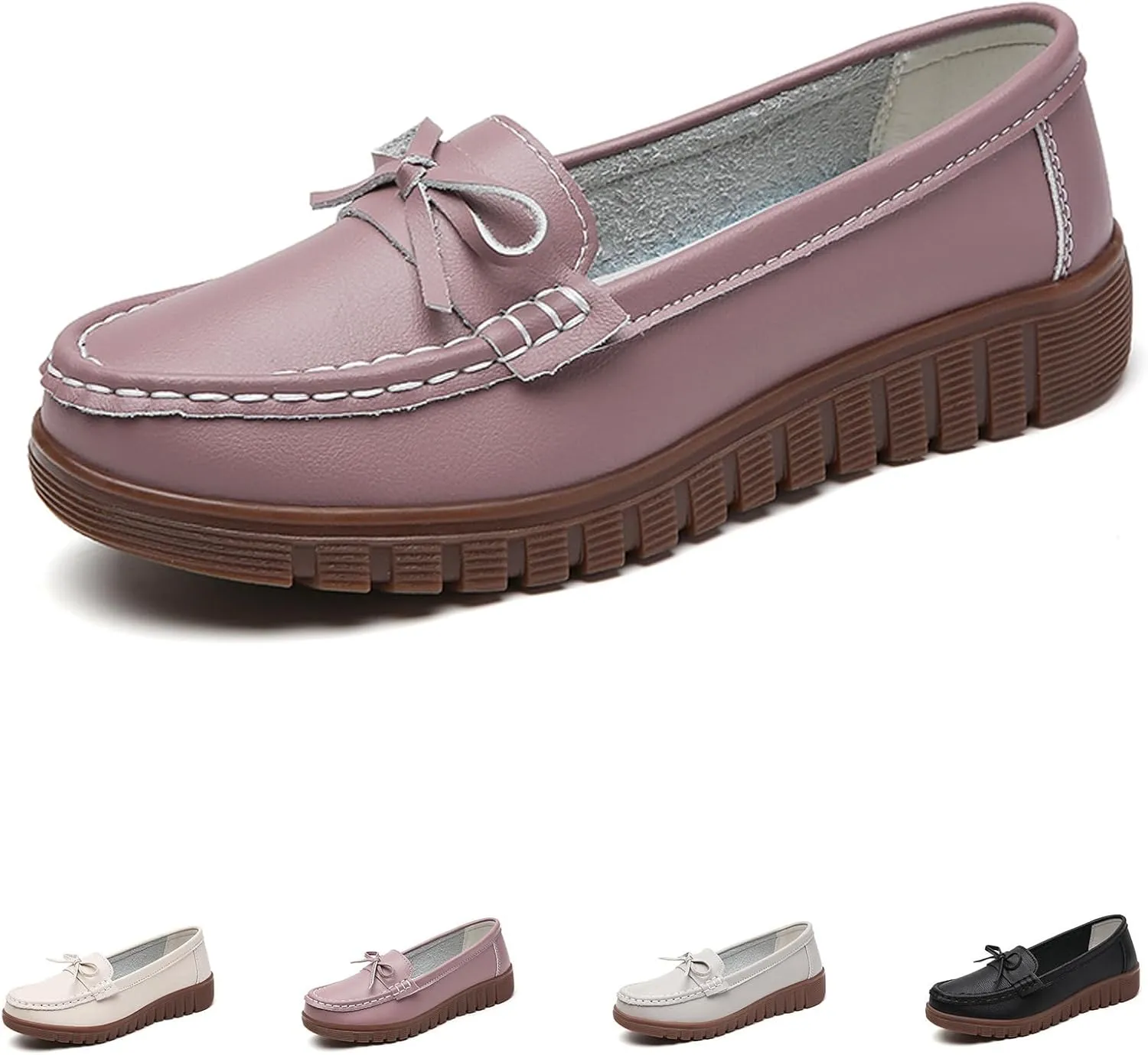 AUNTHUI Women's Leather Low Wedge Loafers,Slip On Dress Shoes,Hollow Out Breathable Soft Comfortable Walking Casual Driving Penny Shoes