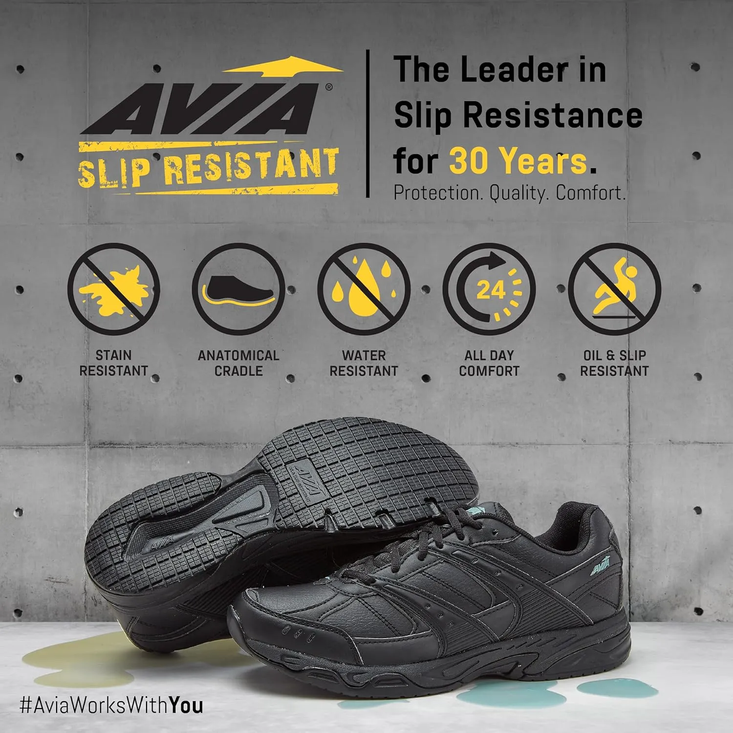 Avia Avi-Union II Non Slip Shoes for Women - Lace Up Comfort Women's Work or Walking Sneakers, Medium or Wide, Black or White