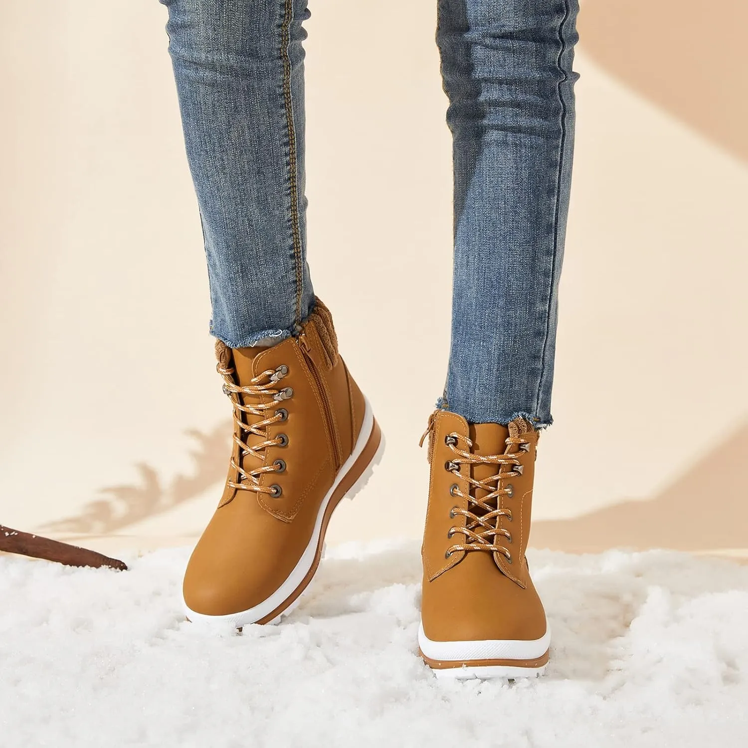 BABUDOG Womens Waterproof Ankle Boots for Outdoor (Non Slip Outsole),Fashion Combat Boots with Side Zipper,Warm Fur Lined Winter Snow Boots
