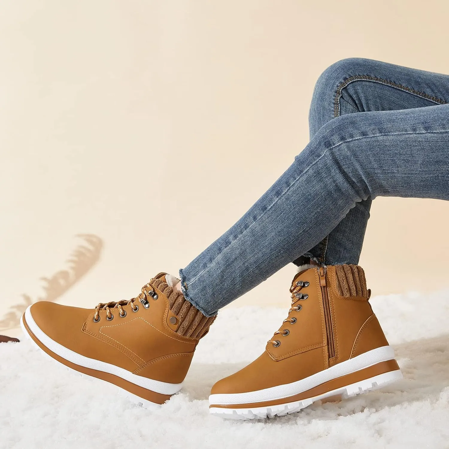 BABUDOG Womens Waterproof Ankle Boots for Outdoor (Non Slip Outsole),Fashion Combat Boots with Side Zipper,Warm Fur Lined Winter Snow Boots
