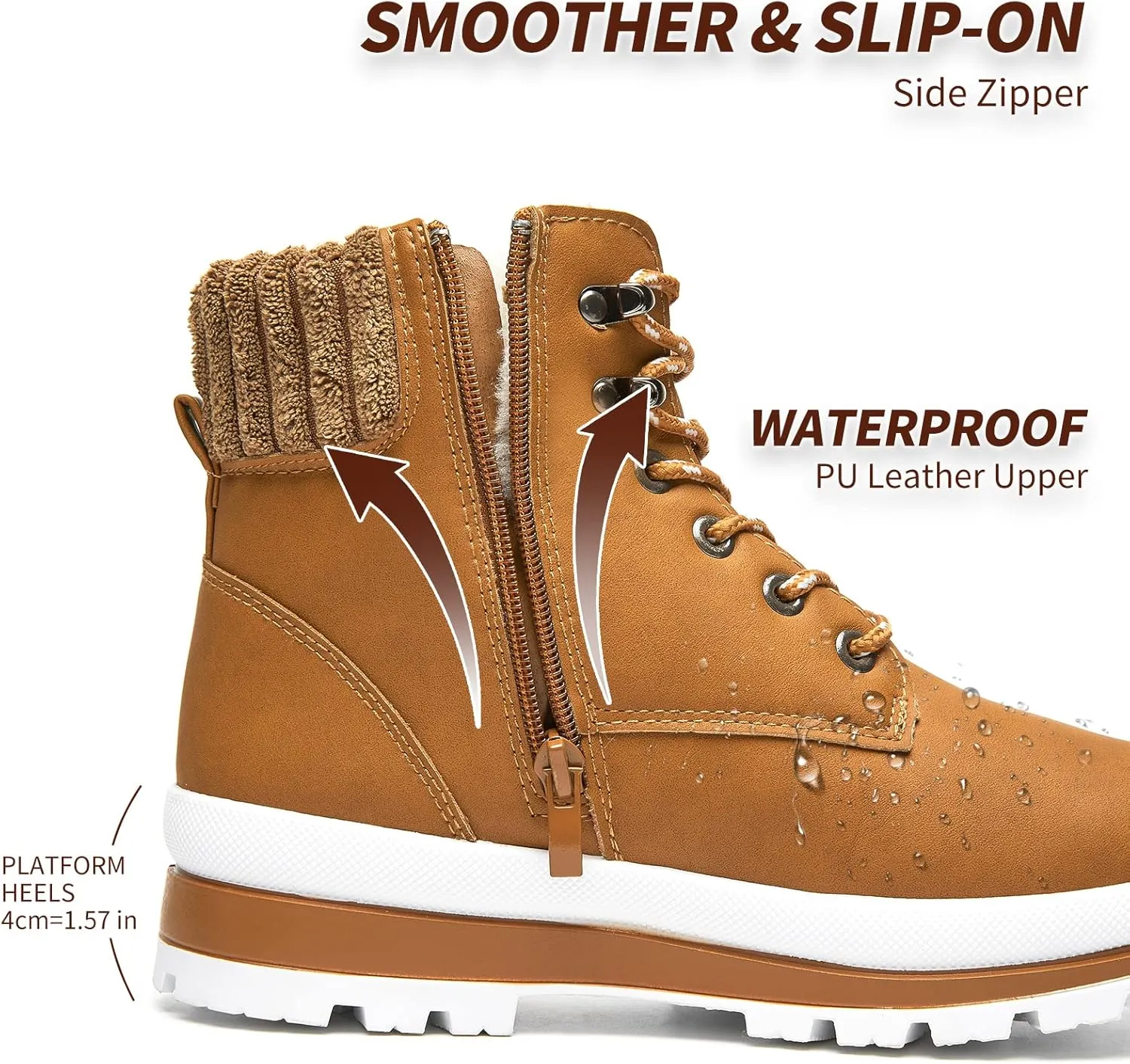 BABUDOG Womens Waterproof Ankle Boots for Outdoor (Non Slip Outsole),Fashion Combat Boots with Side Zipper,Warm Fur Lined Winter Snow Boots
