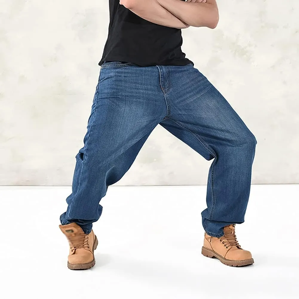 Baggy Jeans for Men Hip Hop Plus Size Loose Fit Skater Dance Washed Blue Jean Denim Pants Simple