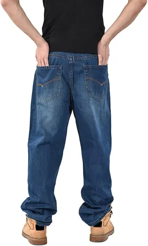 Baggy Jeans for Men Hip Hop Plus Size Loose Fit Skater Dance Washed Blue Jean Denim Pants Simple