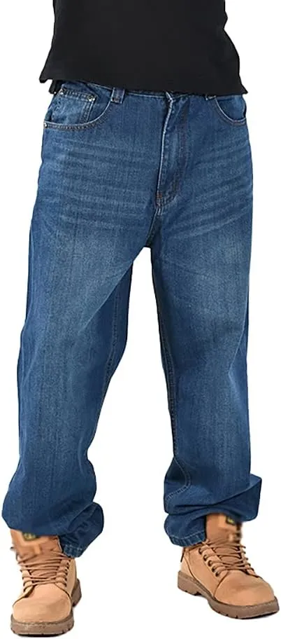 Baggy Jeans for Men Hip Hop Plus Size Loose Fit Skater Dance Washed Blue Jean Denim Pants Simple