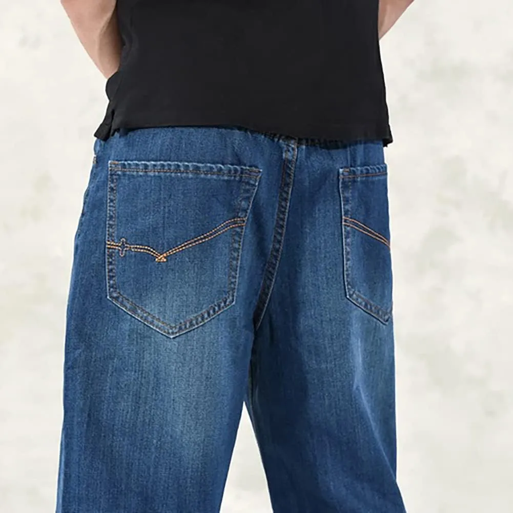 Baggy Jeans for Men Hip Hop Plus Size Loose Fit Skater Dance Washed Blue Jean Denim Pants Simple