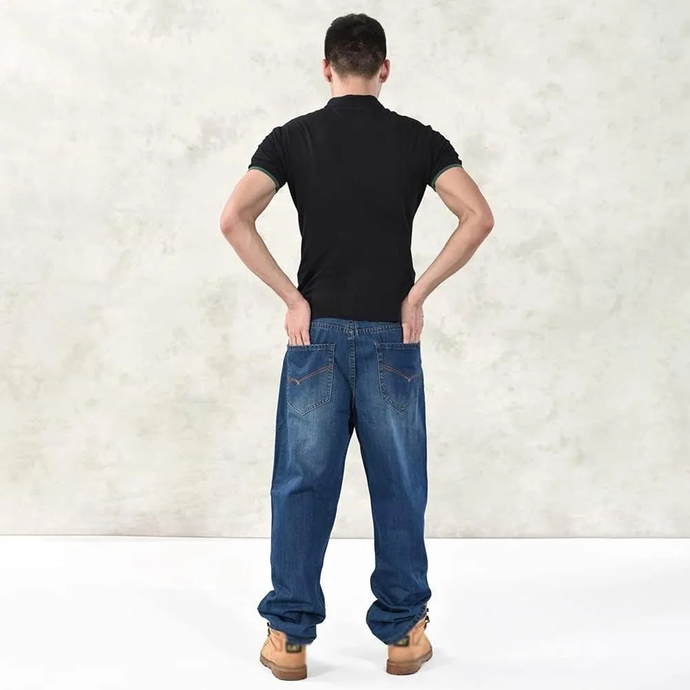 Baggy Jeans for Men Hip Hop Plus Size Loose Fit Skater Dance Washed Blue Jean Denim Pants Simple