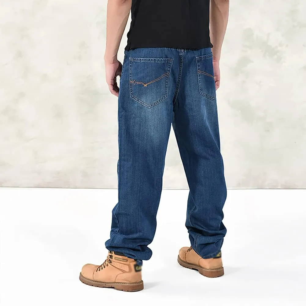 Baggy Jeans for Men Hip Hop Plus Size Loose Fit Skater Dance Washed Blue Jean Denim Pants Simple