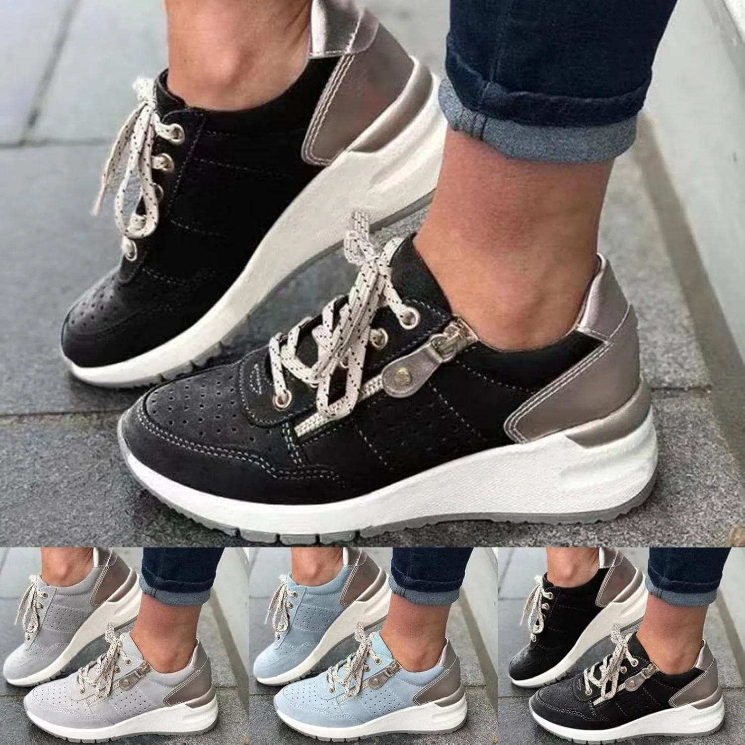 Bcshiye Women's Running Shoes Lace Up Breathable Walking Sneakers Low Top Hidden Sneakers Wedge Sneakers for Women
