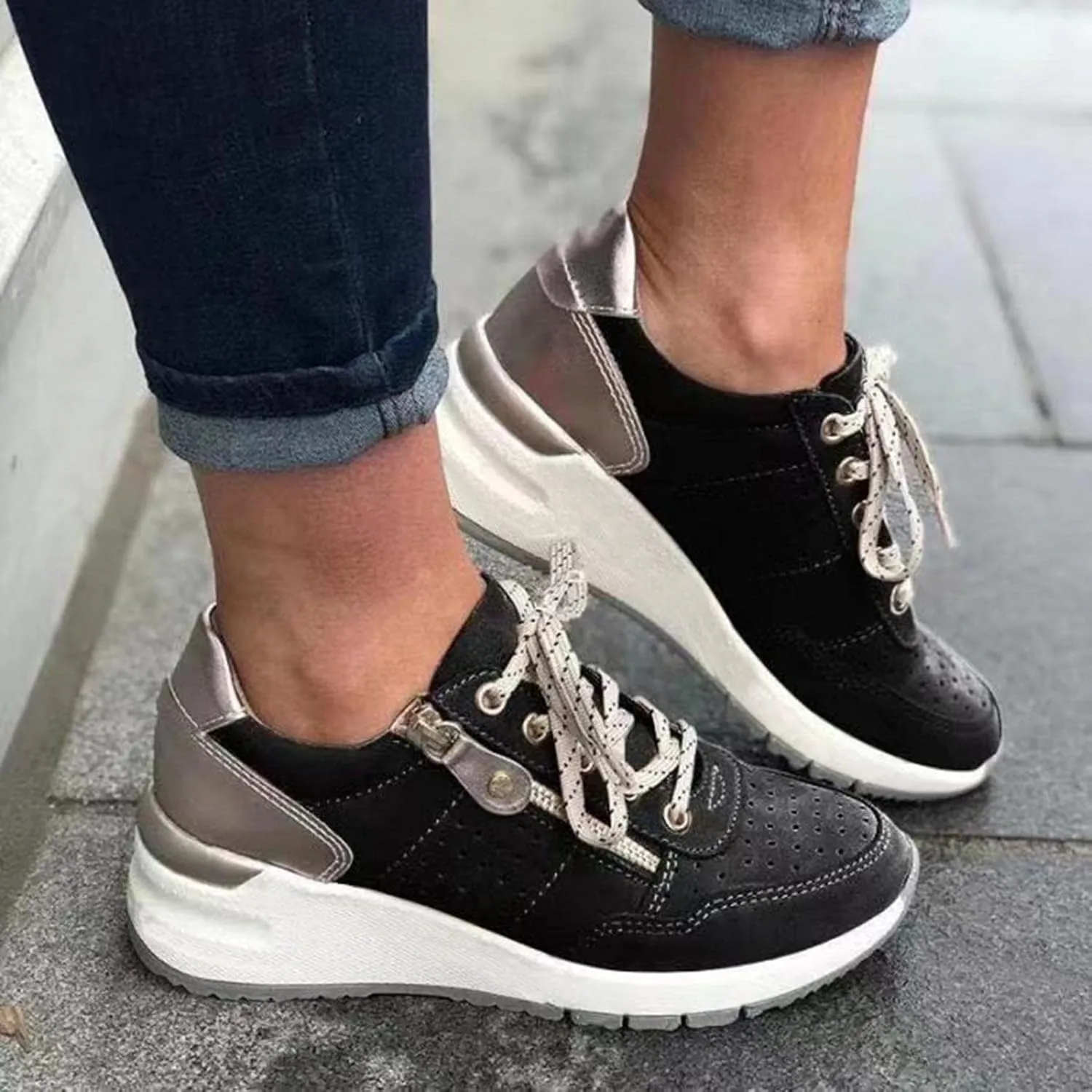 Bcshiye Women's Running Shoes Lace Up Breathable Walking Sneakers Low Top Hidden Sneakers Wedge Sneakers for Women