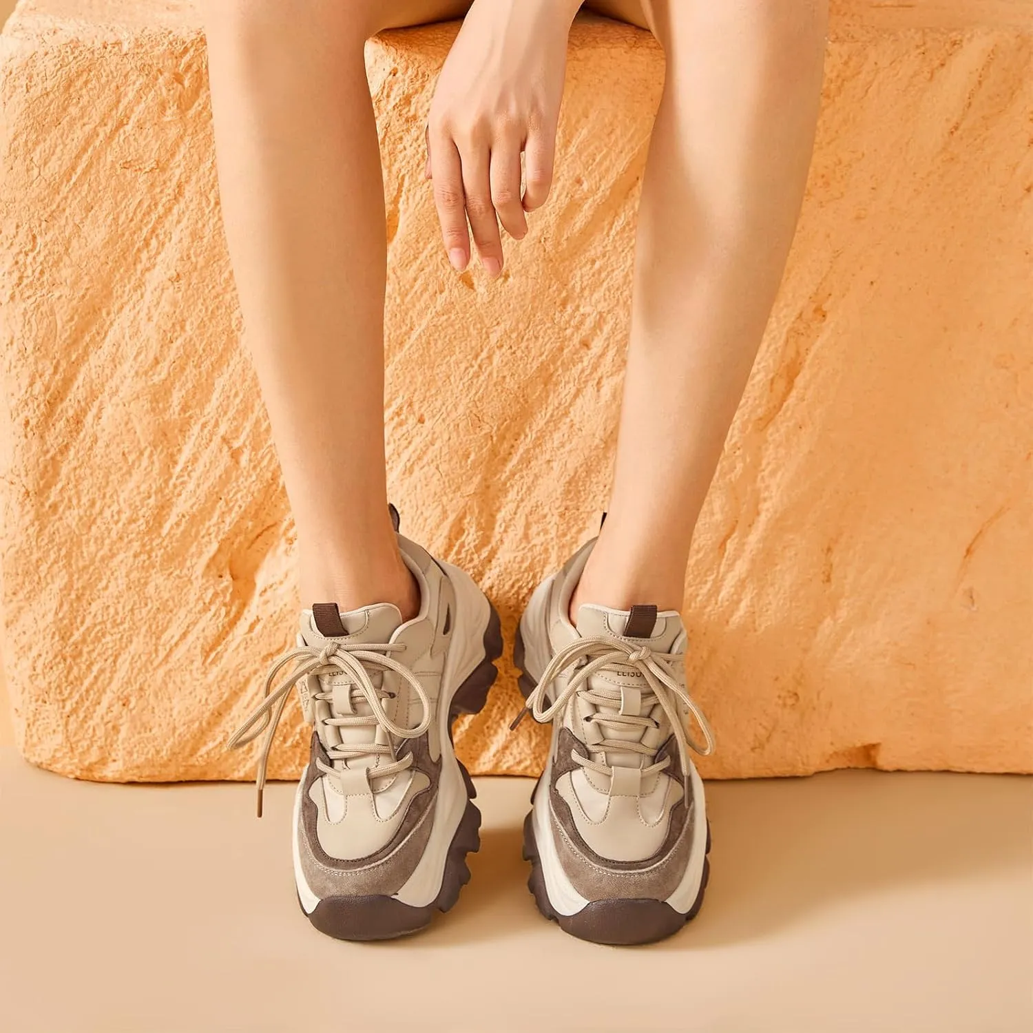 BEAU TODAY Chunky Sneakers for Women,Dad Shoes for Women,Lace Up Fashion Slip-on Comfortable Leather Tennis Shoes