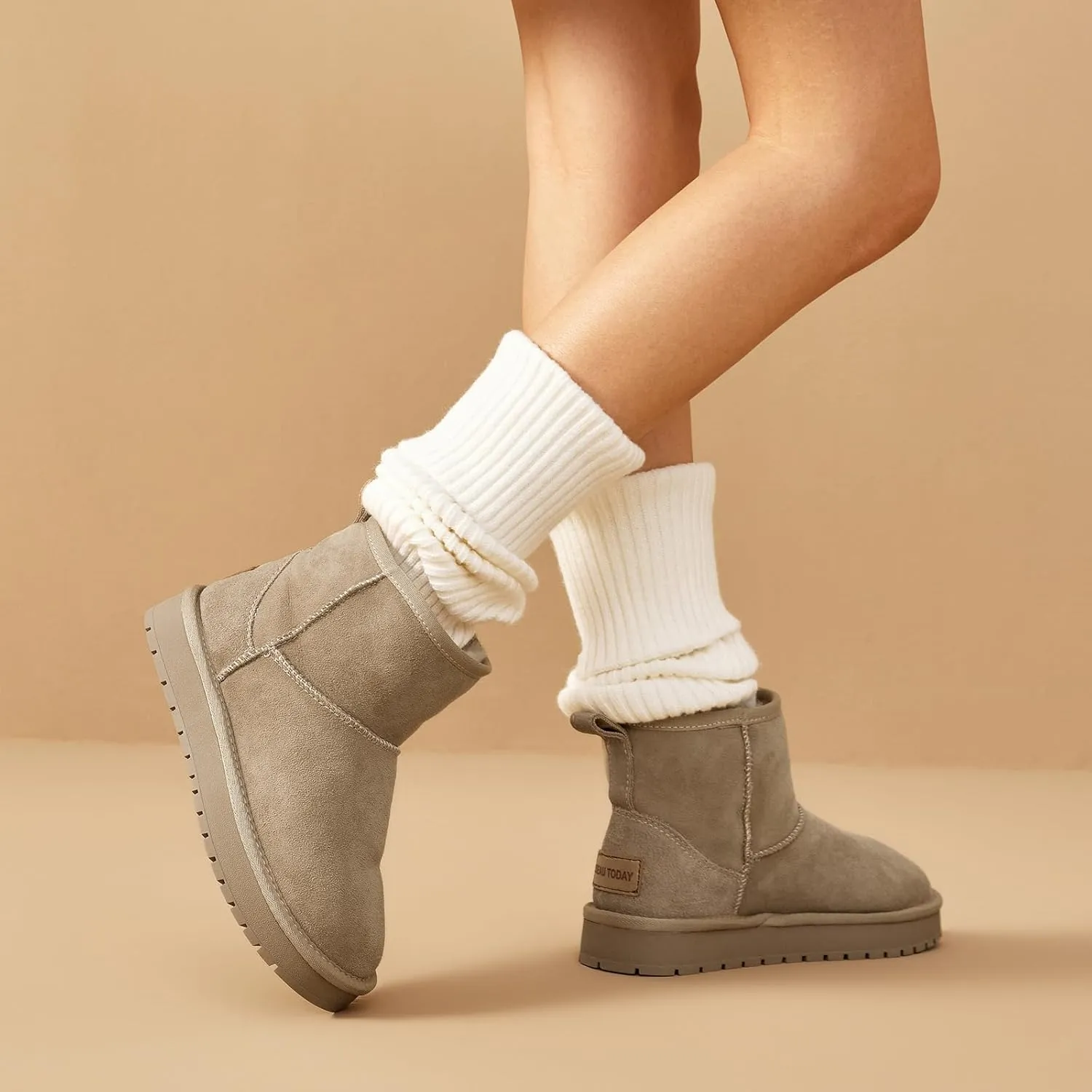 BEAU TODAY Snow Boots for Women Genuine Sheepskin Shearling Winter Non-Slip Ankle Booties Warm Fur Iining Platform Comfortable Round Toe Boots Pull-on Walking Shoes Outdoors