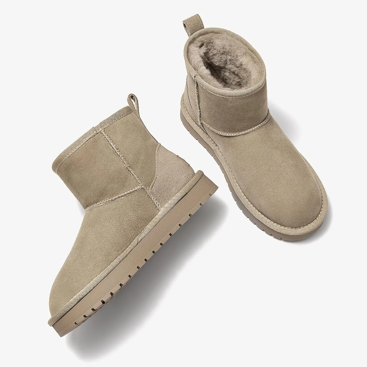 BEAU TODAY Snow Boots for Women Genuine Sheepskin Shearling Winter Non-Slip Ankle Booties Warm Fur Iining Platform Comfortable Round Toe Boots Pull-on Walking Shoes Outdoors